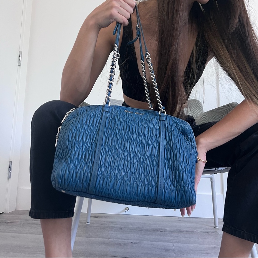 Miu Miu Blue Matelassé Ruched Gauffre Leather Top Zip Purse